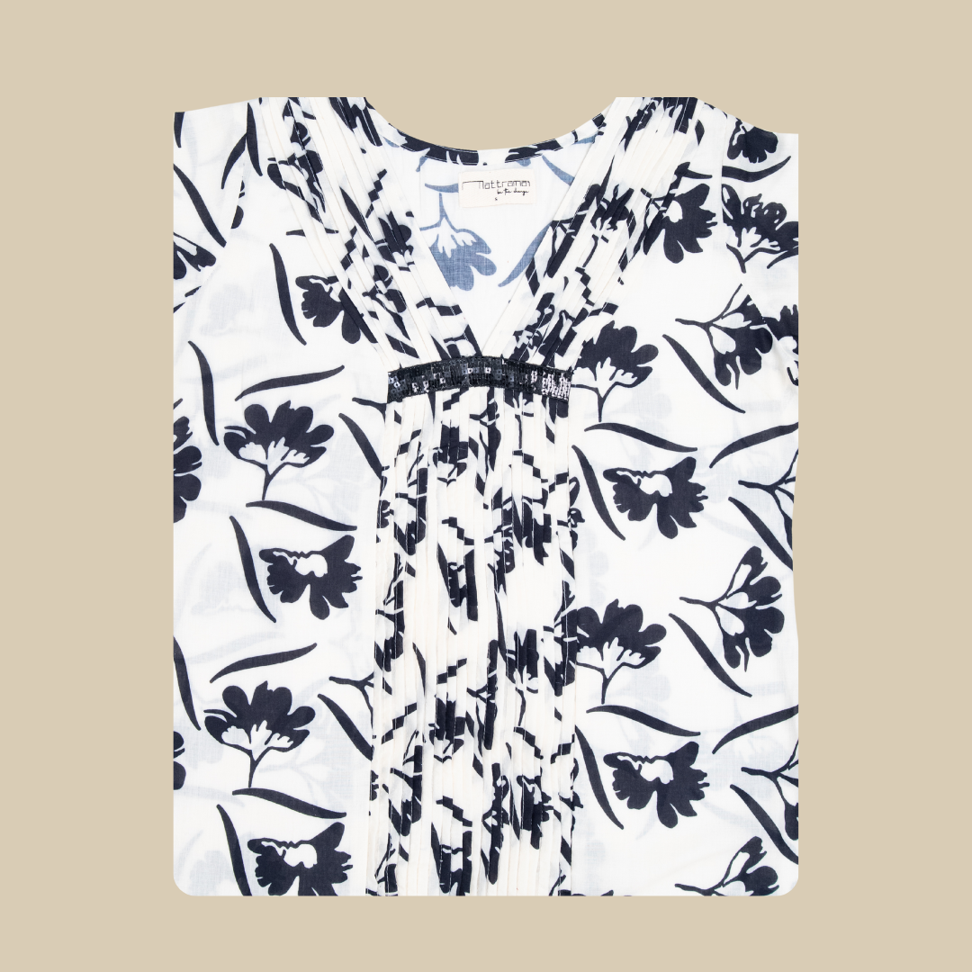 Pleated Maison Bloom Monochrome Floral Kurta with Sequence Work in Fluid Silhouette