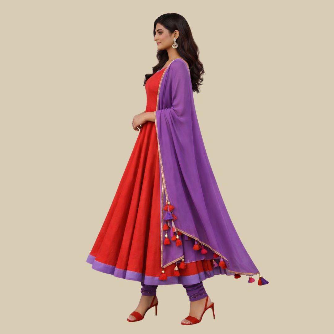 3pcs Set - Full flare Anarkali with Sequence Sleeve cuff along with matching Chudi Bottom & Dupatta with Tassel