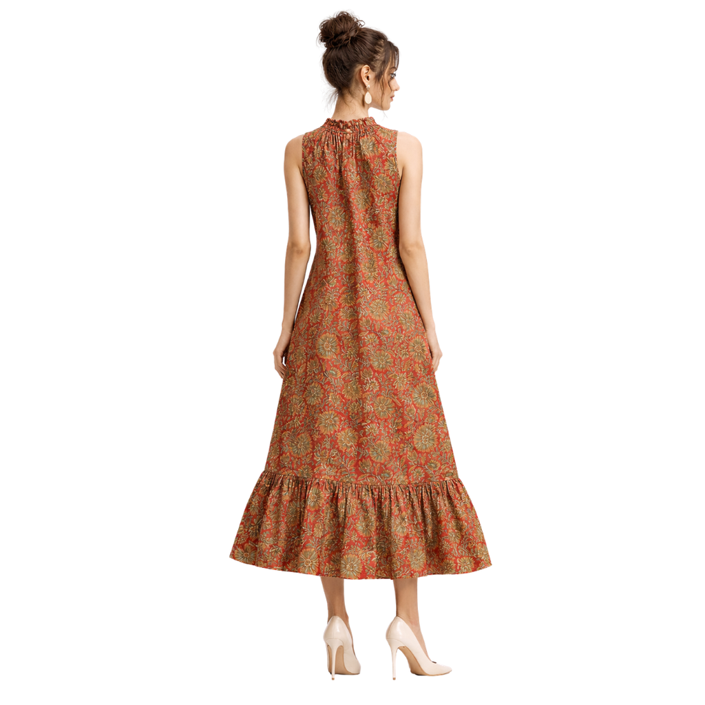 Frill Closed Neck Sleeveless Dress with Pockets