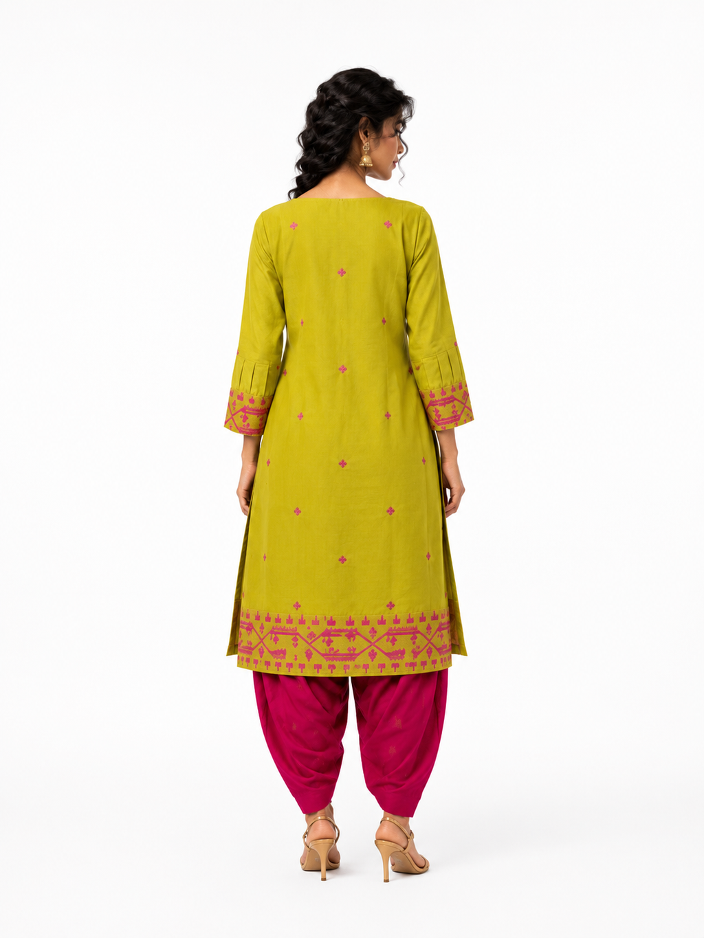 Parrot Green Cotton Jamdani Cotton Jakard Dobby Border with U-Yoke Kurta