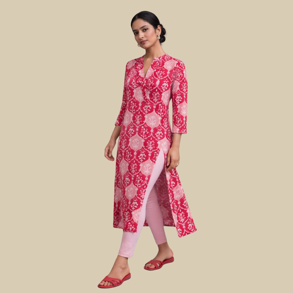 Low Slit, Buttoned Gathered Yoke Kurta with Pockets