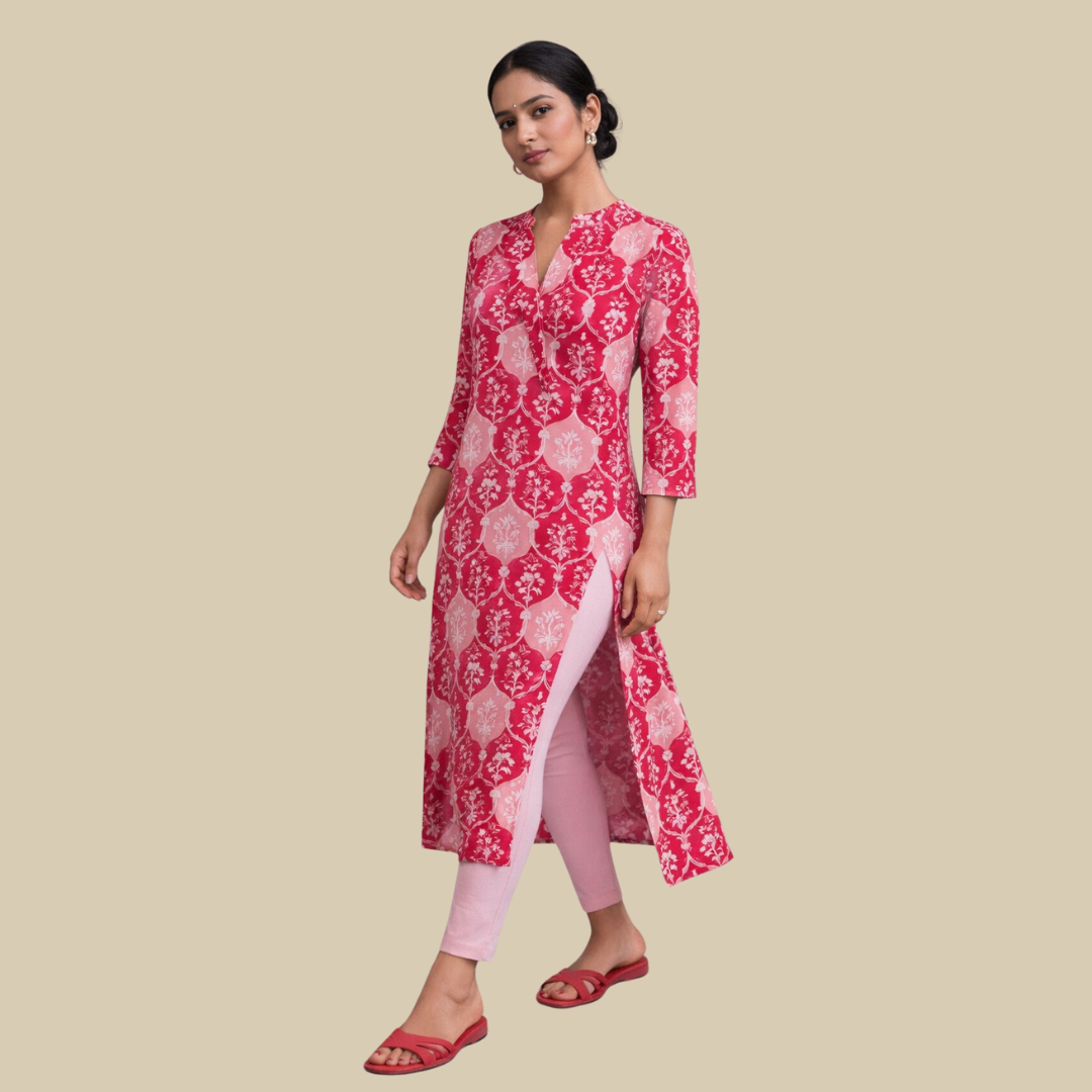 Low Slit, Buttoned Gathered Yoke Kurta with Pockets