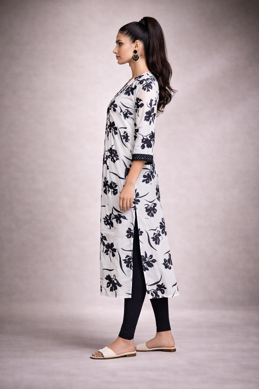 Pleated Maison Bloom Monochrome Floral Kurta with Sequence Work in Fluid Silhouette