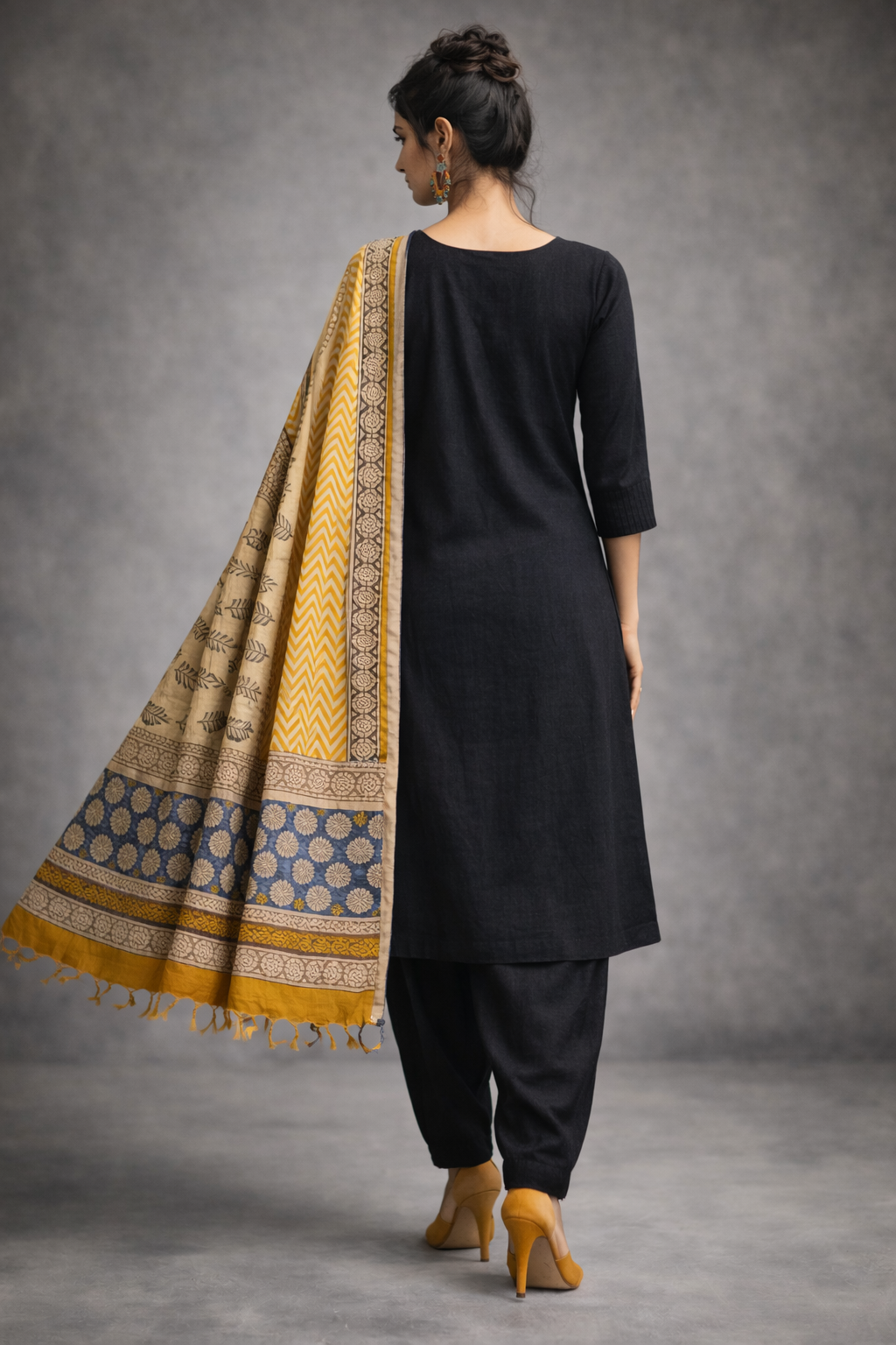 3 Pcs Set - Kurta with Pin tuck yoke Co-ords with Patiala Pants & Printed Linen Cotton Hand  Blocked Dupatta