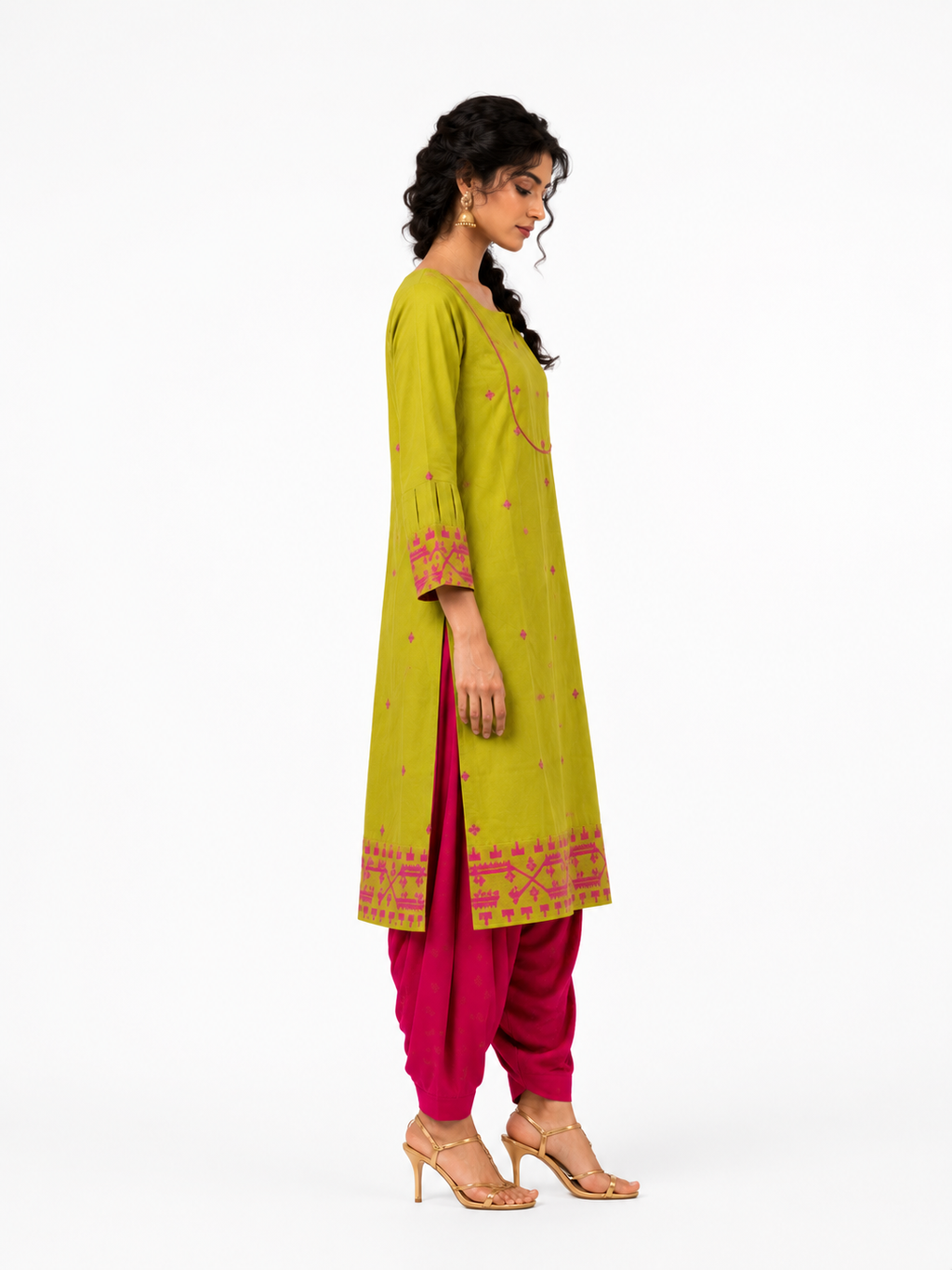 Parrot Green Cotton Jamdani Cotton Jakard Dobby Border with U-Yoke Kurta