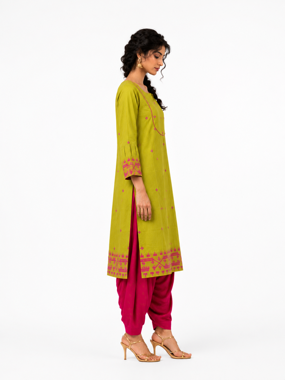 Parrot Green Cotton Jamdani Cotton Jakard Dobby Border with U-Yoke Kurta