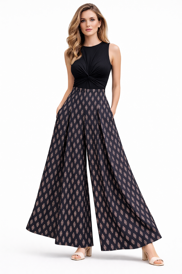 Box Pleated Flared Palazzo With Pockets