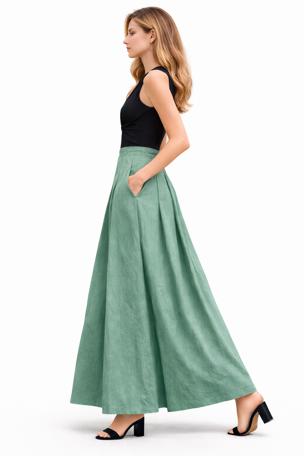 Box Pleated Flared Palazzo with Pockets