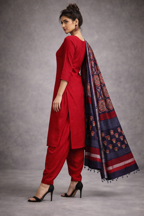 3 Pcs Set - Kurta with Pin tuck yoke Co-ords with Patiala Pants & Printed Linen Cotton Hand  Blocked Dupatta