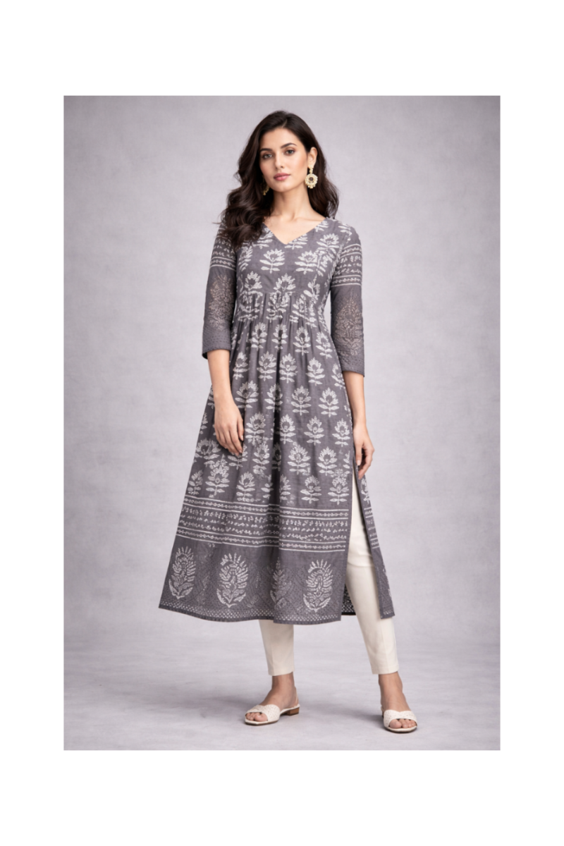 V Neck Relaxed fit Kurta with Princess Yoke and Gathers