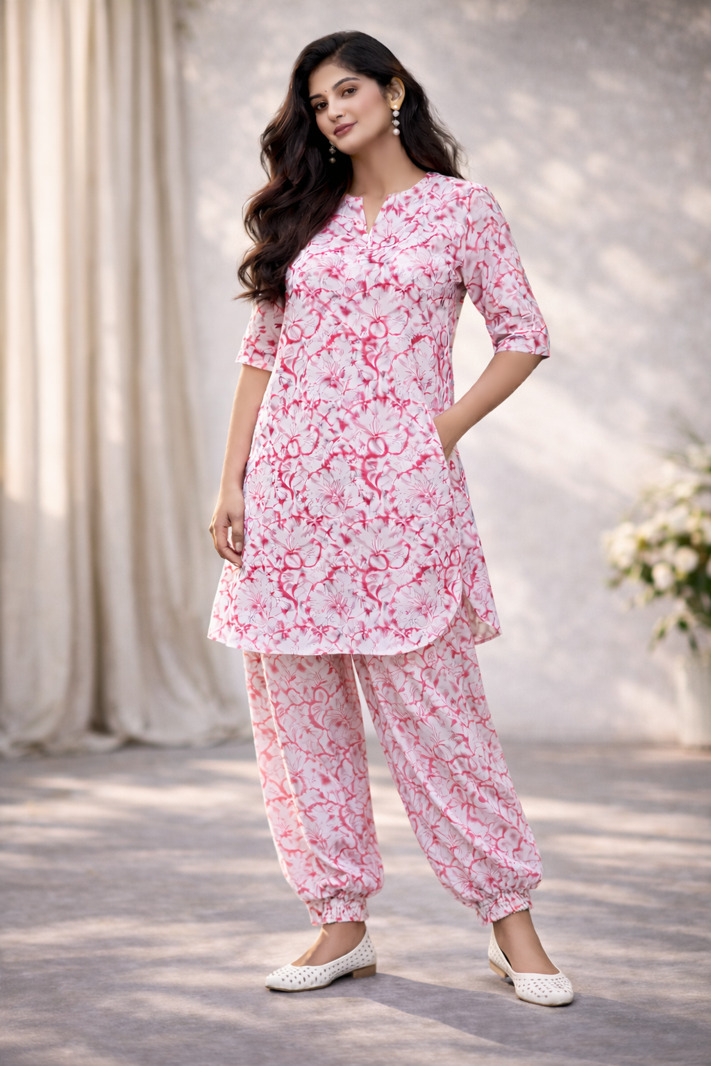 Co-ords - Chinese Collar Short Kurta with Gathered Hem, Loose Harem Pants