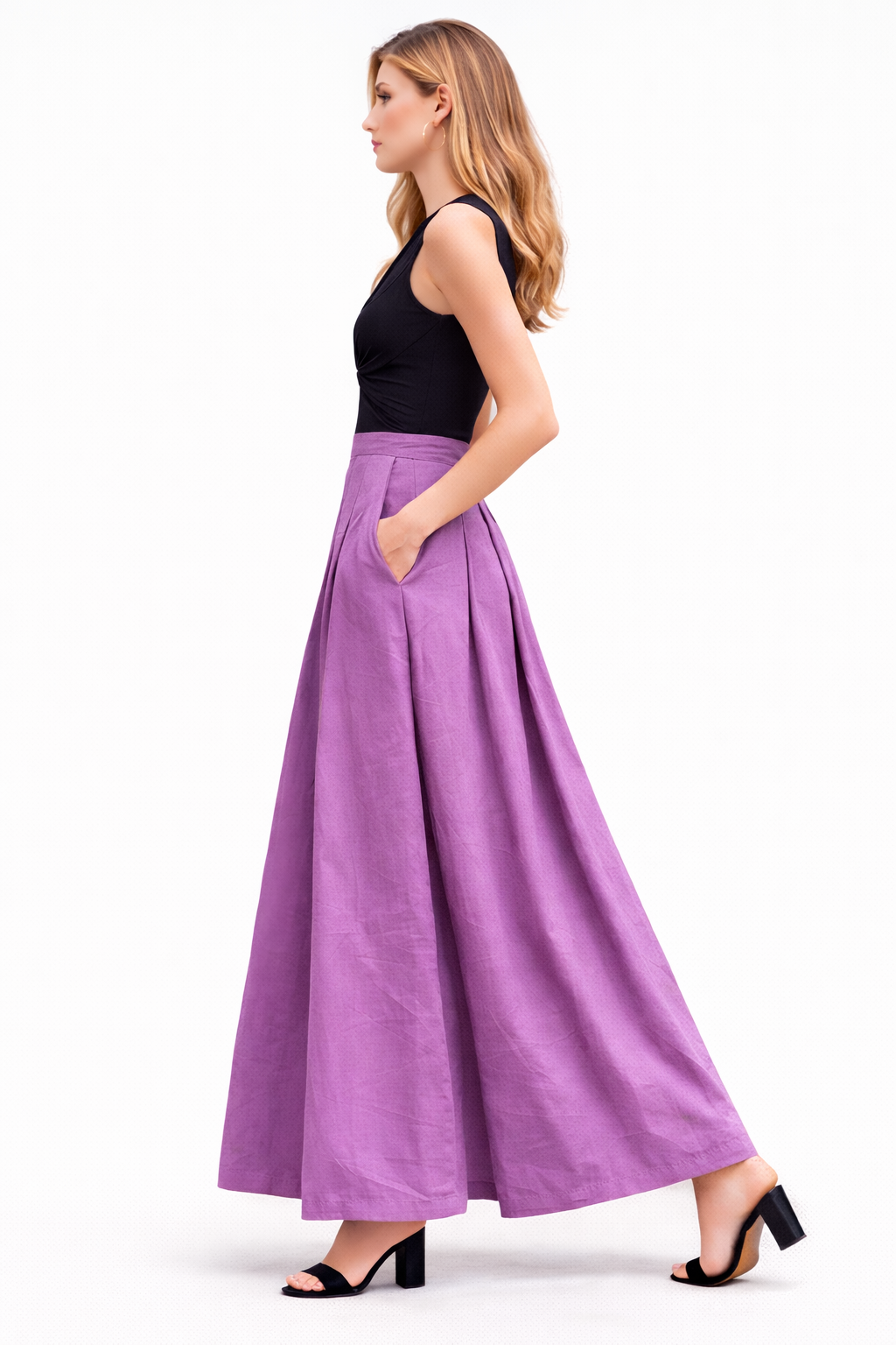 Box Pleated Flared Palazzo with Pockets