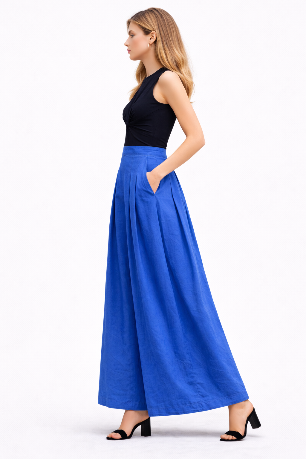 Box Pleated Flared Palazzo with Pockets