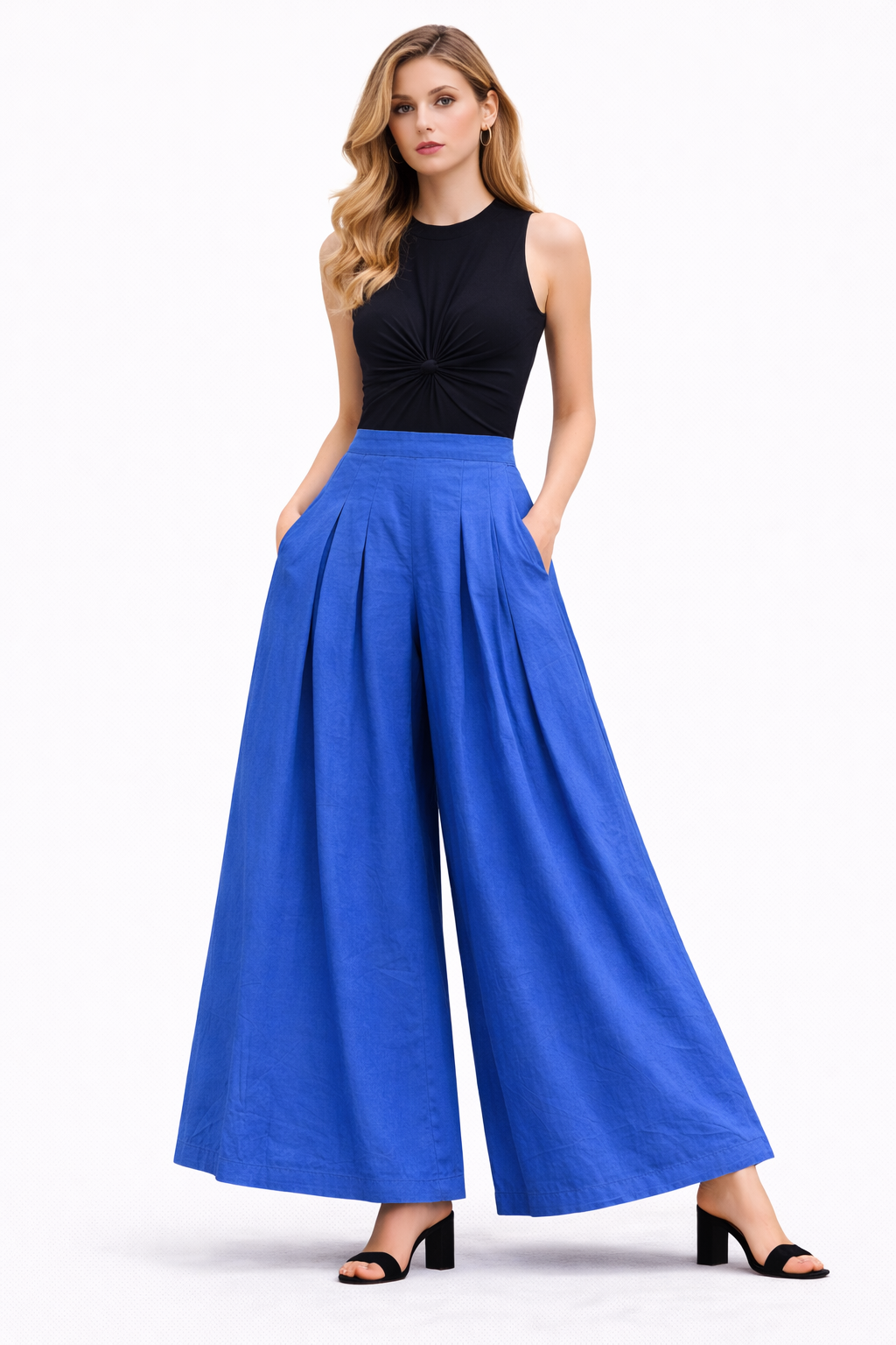 Box Pleated Flared Palazzo with Pockets