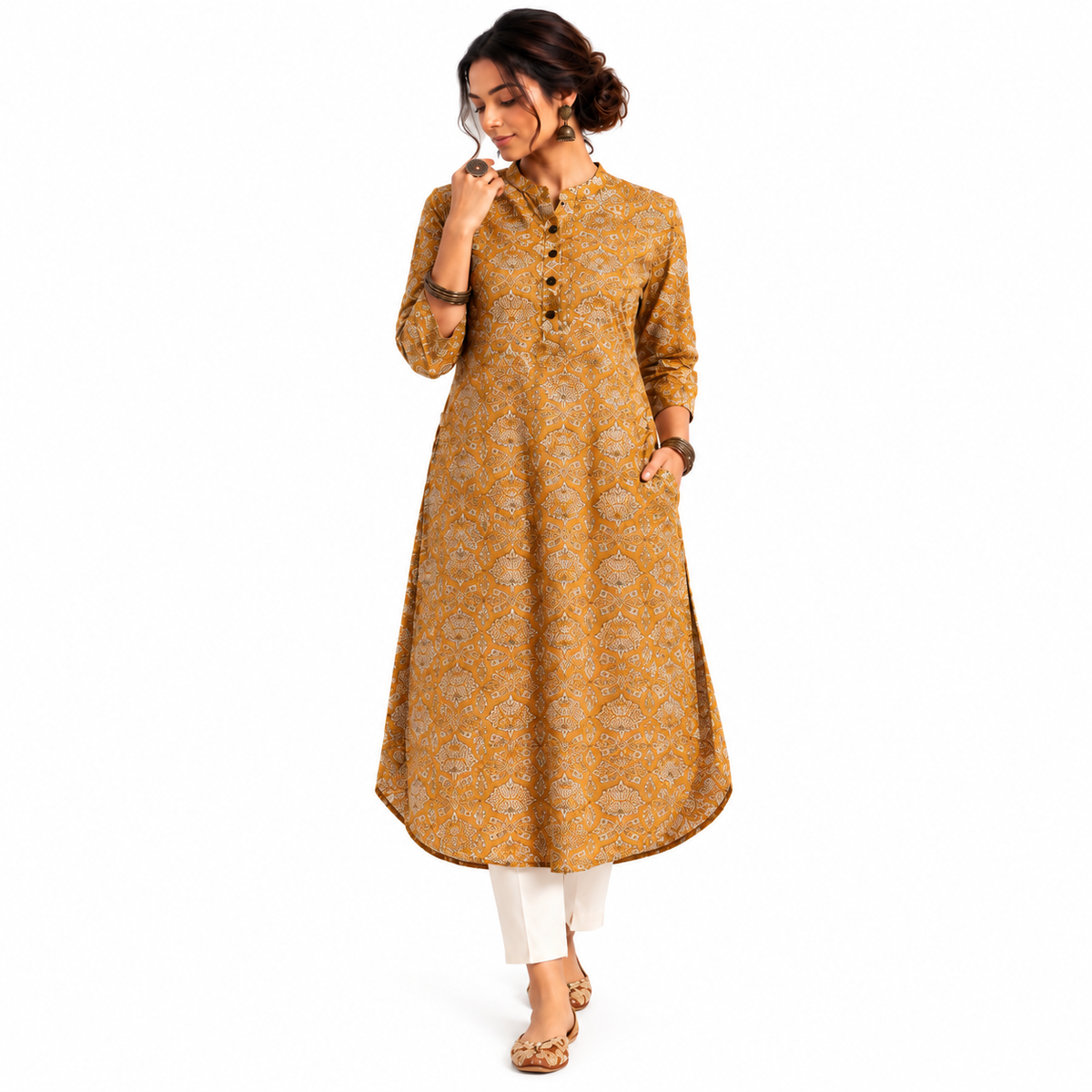 Smocked Back U-Hem Kurta - Honey Gold