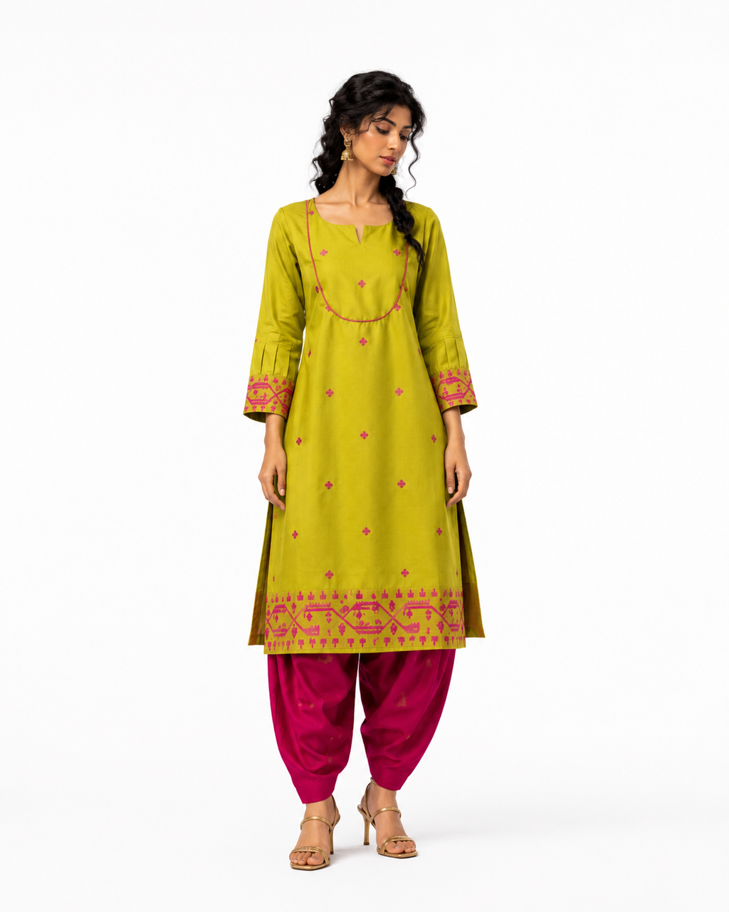 Parrot Green Cotton Jamdani Cotton Jakard Dobby Border with U-Yoke Kurta