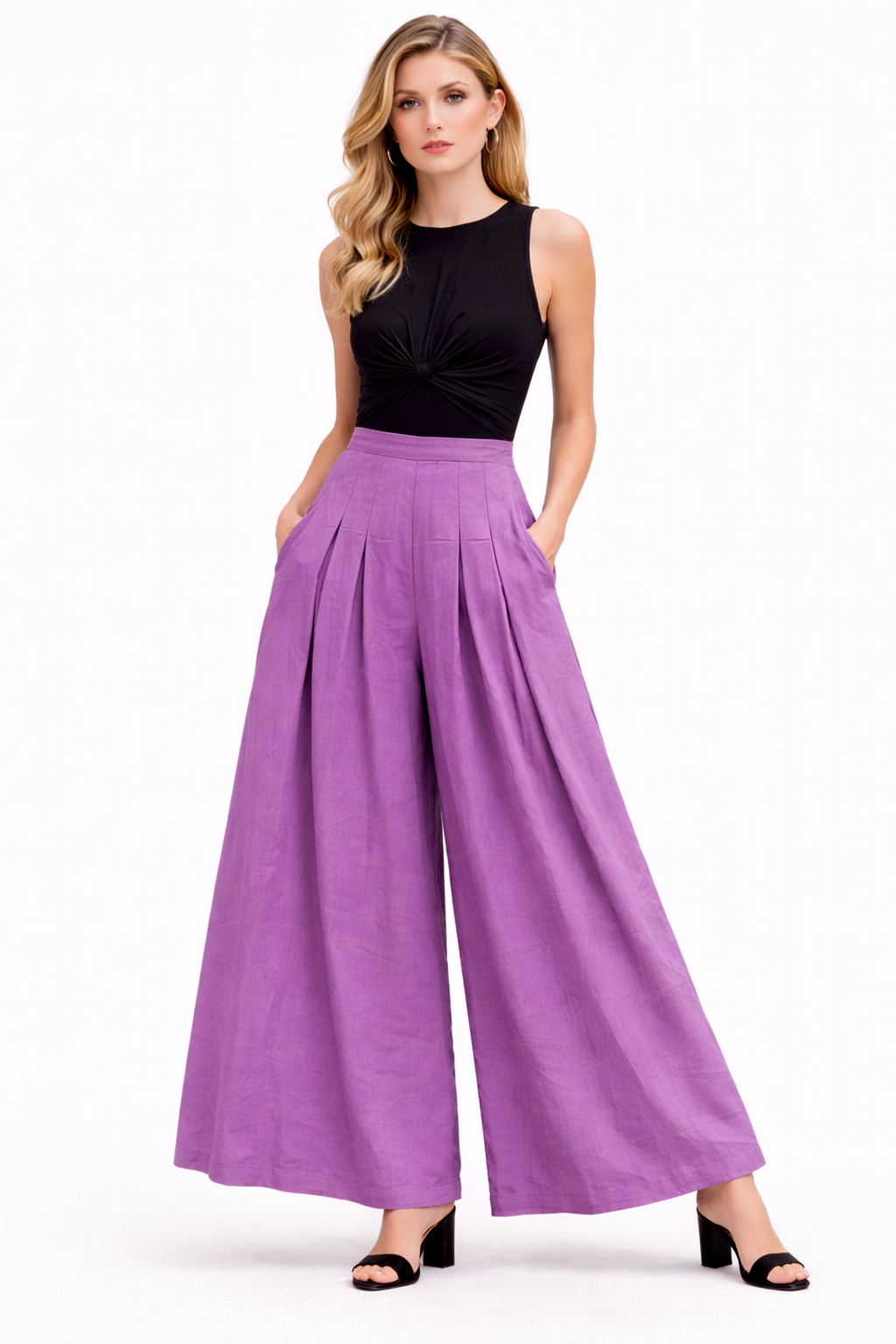 Box Pleated Flared Palazzo with Pockets