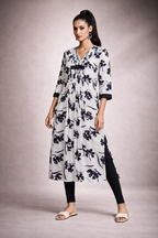 Pleated Maison Bloom Monochrome Floral Kurta with Sequence Work in Fluid Silhouette