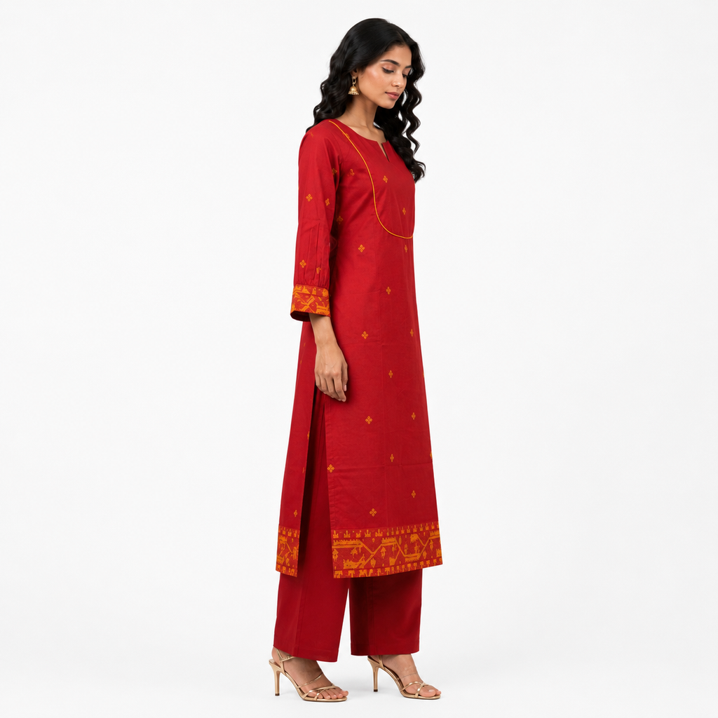 Red Cotton Jamdani Cotton Jakard Dobby Border with U-Yoke Kurta