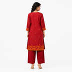 Red Cotton Jamdani Cotton Jakard Dobby Border with U-Yoke Kurta