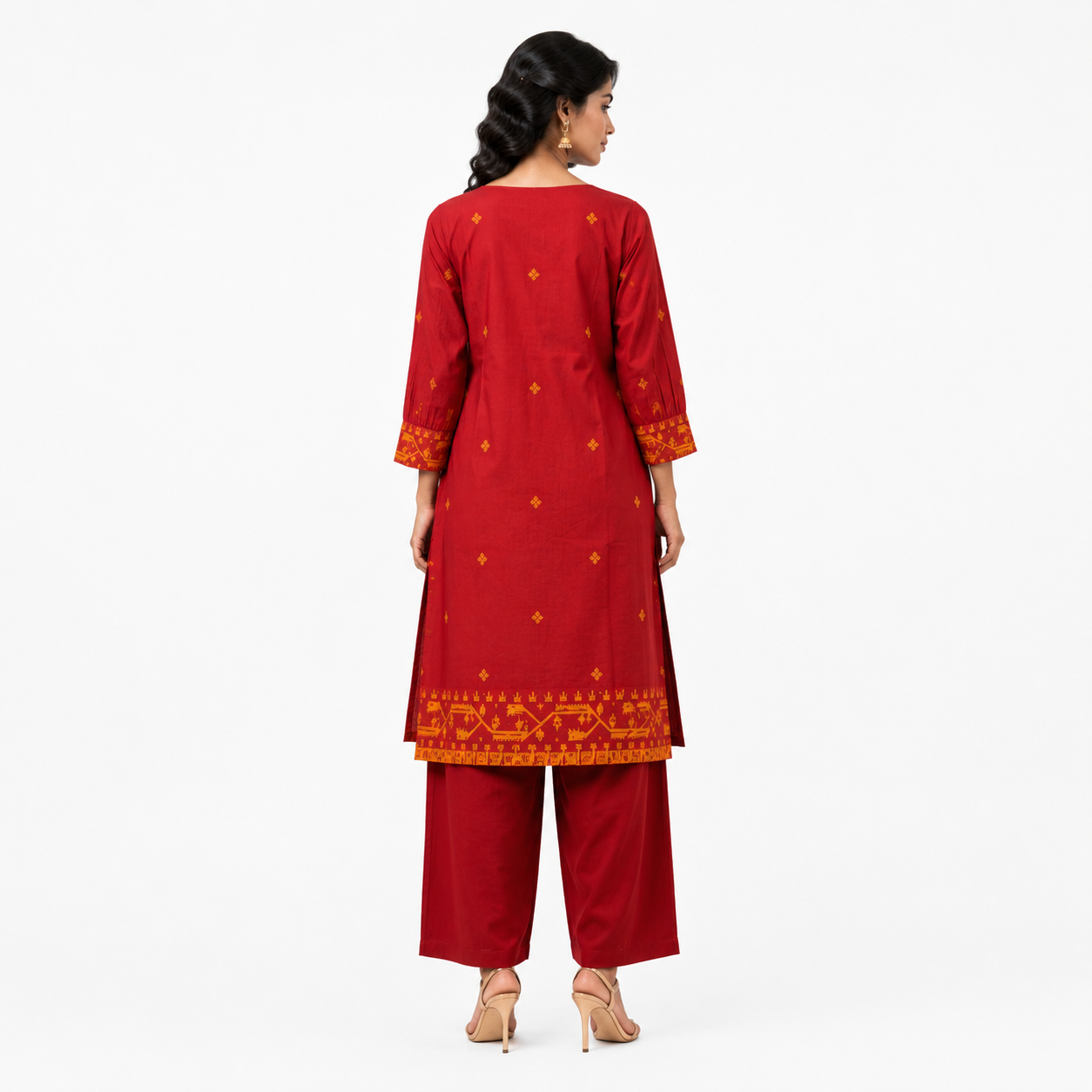 Red Cotton Jamdani Cotton Jakard Dobby Border with U-Yoke Kurta