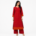 Red Cotton Jamdani Cotton Jakard Dobby Border with U-Yoke Kurta
