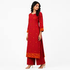 Red Cotton Jamdani Cotton Jakard Dobby Border with U-Yoke Kurta