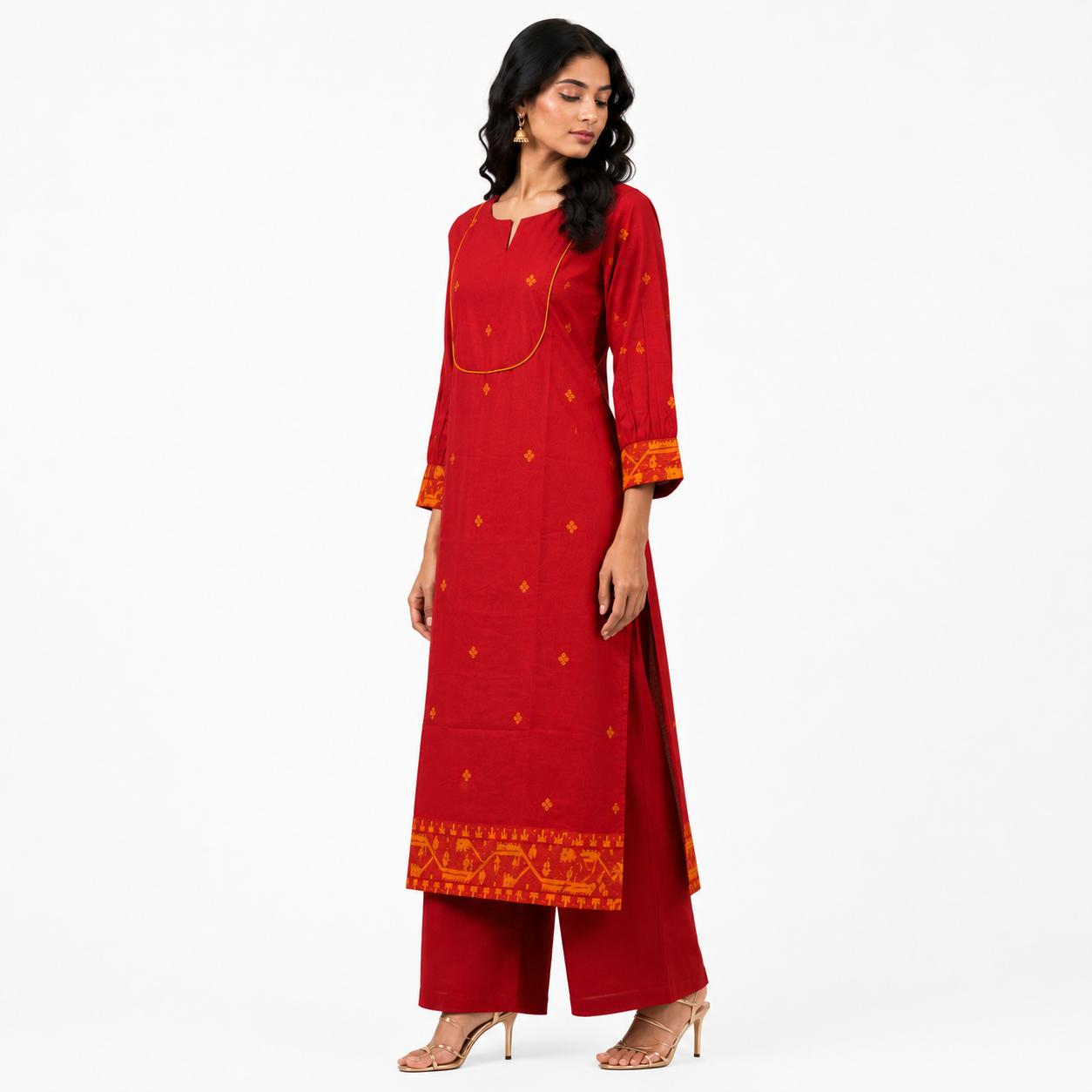 Red Cotton Jamdani Cotton Jakard Dobby Border with U-Yoke Kurta