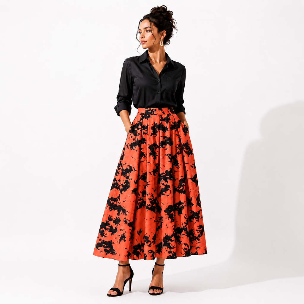 Box Pleated Long Skirt with Pockets