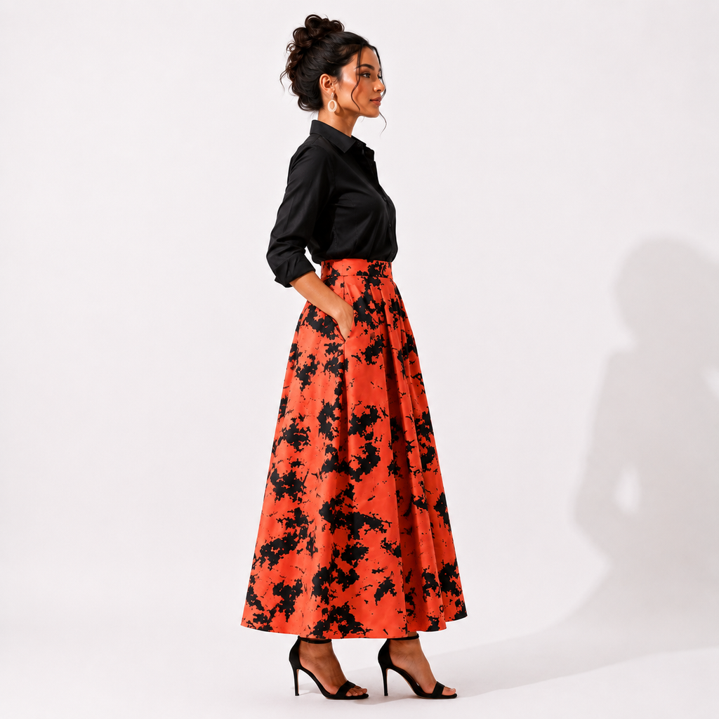 Box Pleated Long Skirt with Pockets