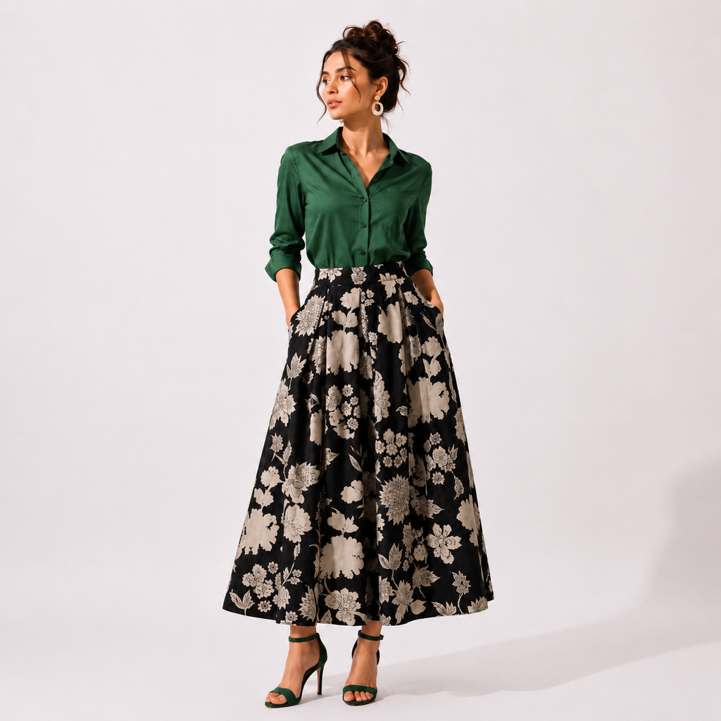 Box Pleated Long Skirt with Pockets
