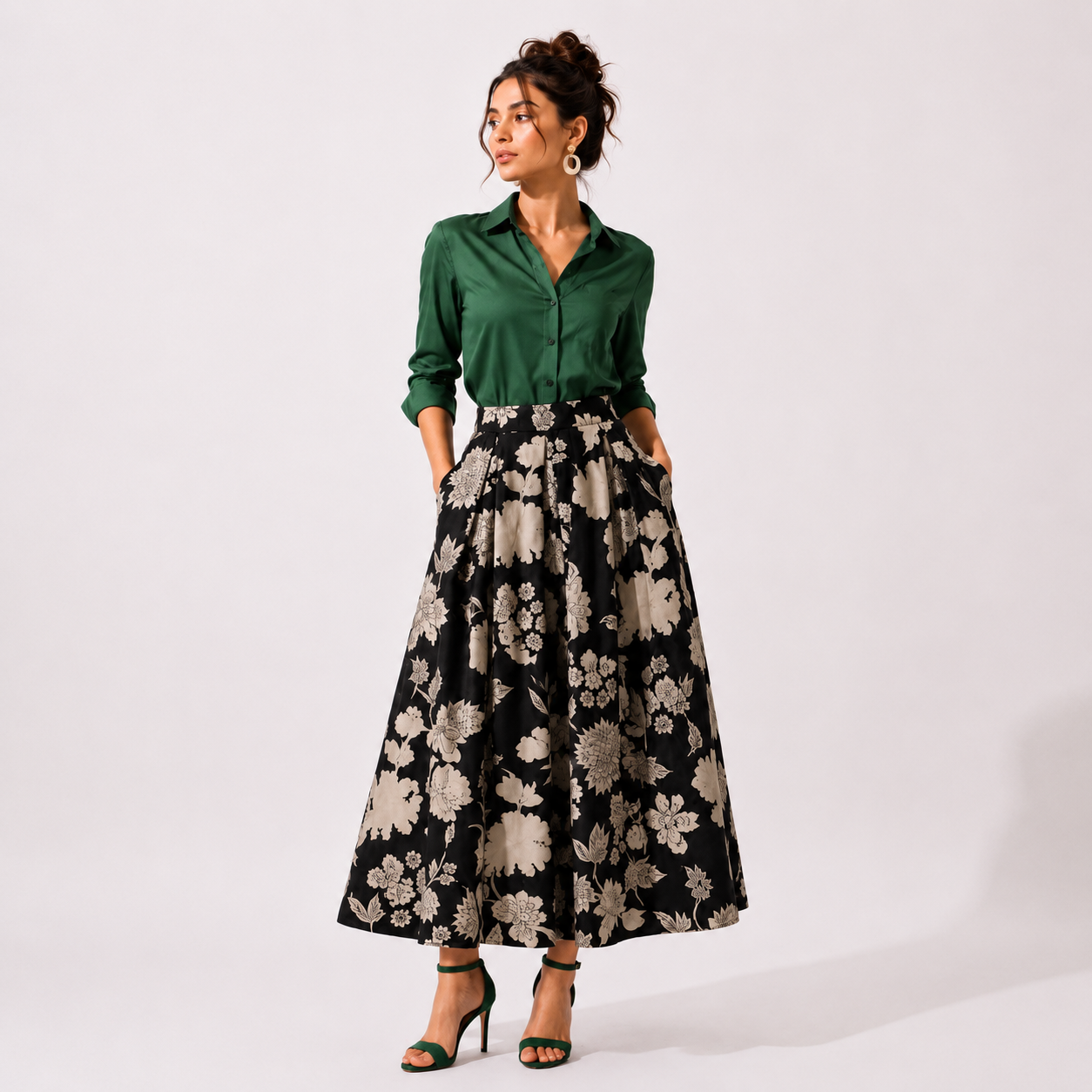 Box Pleated Long Skirt with Pockets