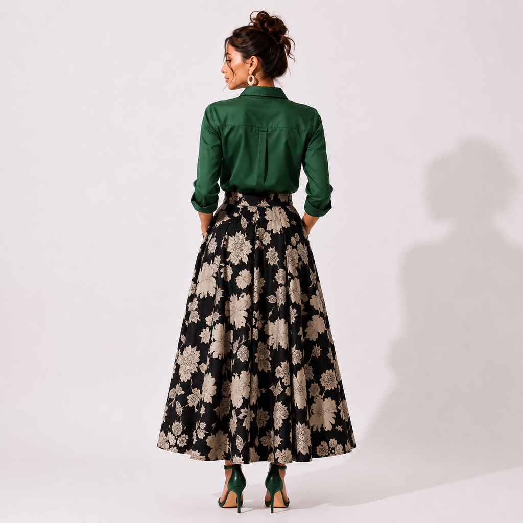 Box Pleated Long Skirt with Pockets