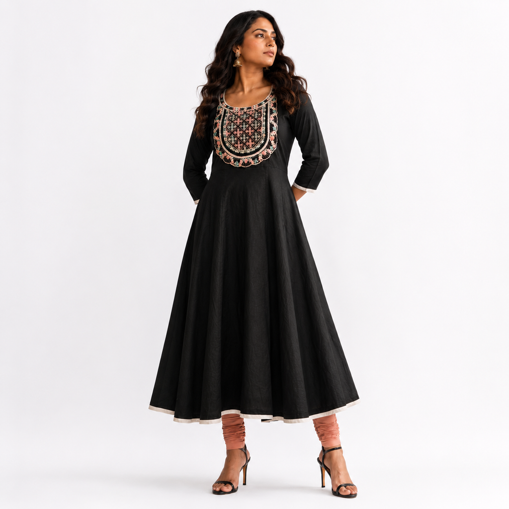 Panelled Flared Anarkali with Lace Embroidered Yoke
