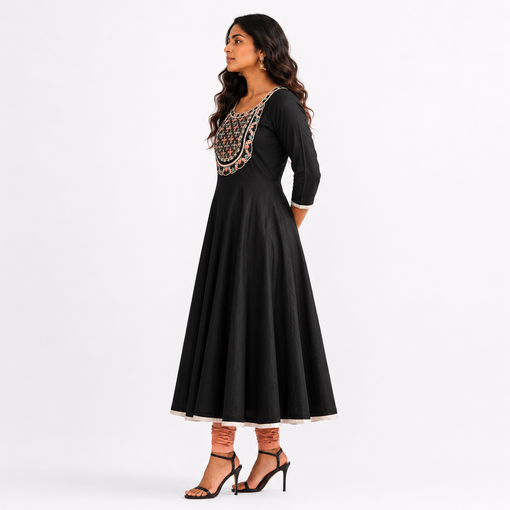 Panelled Flared Anarkali with Lace Embroidered Yoke