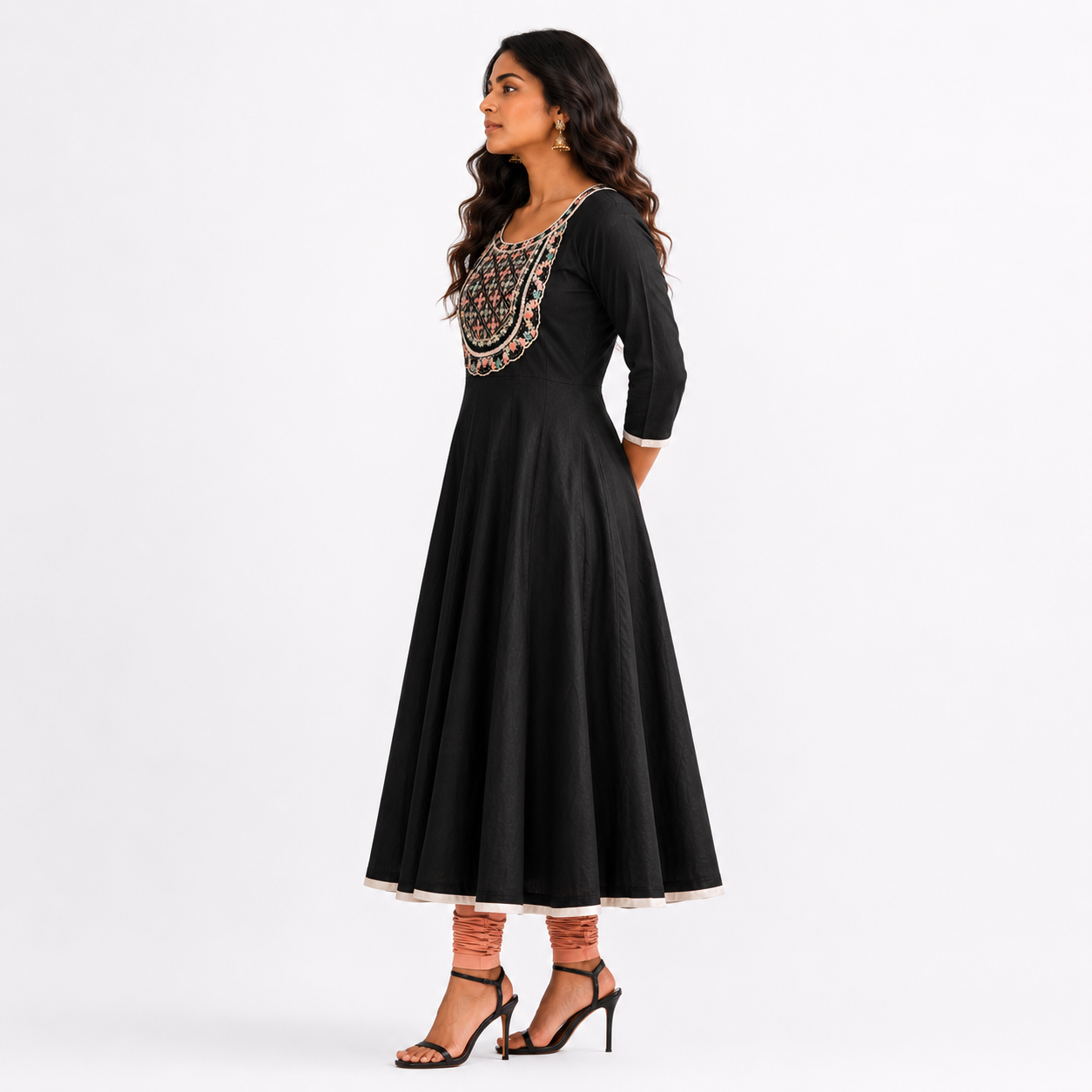 Panelled Flared Anarkali with Lace Embroidered Yoke