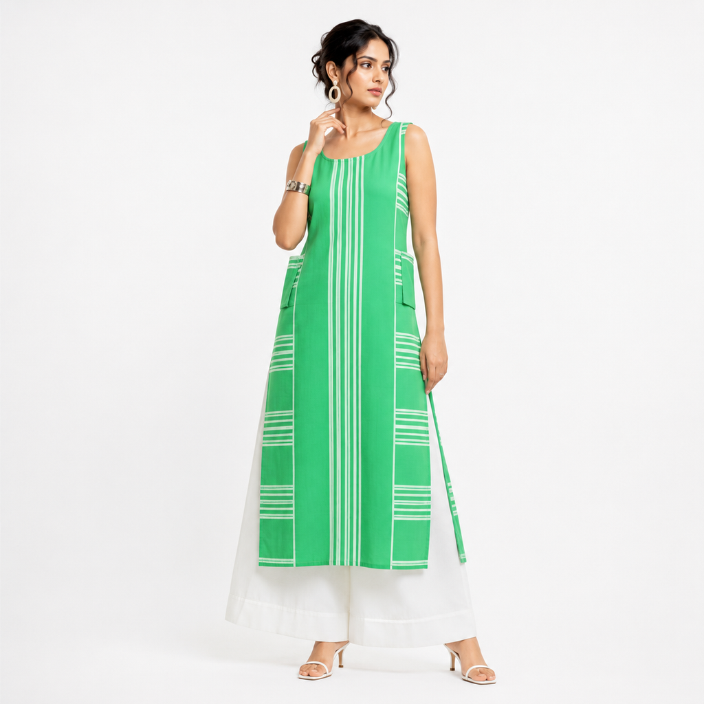 Sleeveless kurta with waist-level box patch pockets