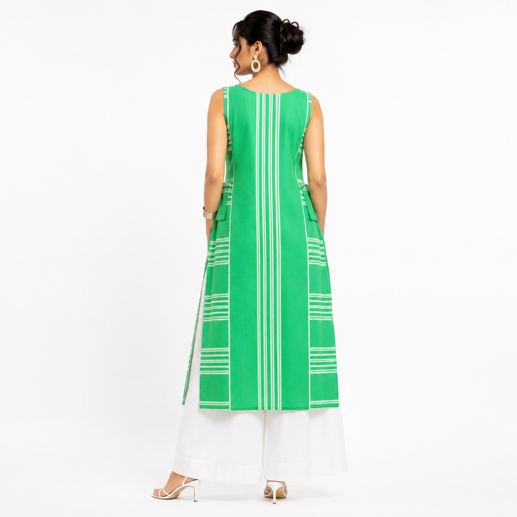 Sleeveless kurta with waist-level box patch pockets