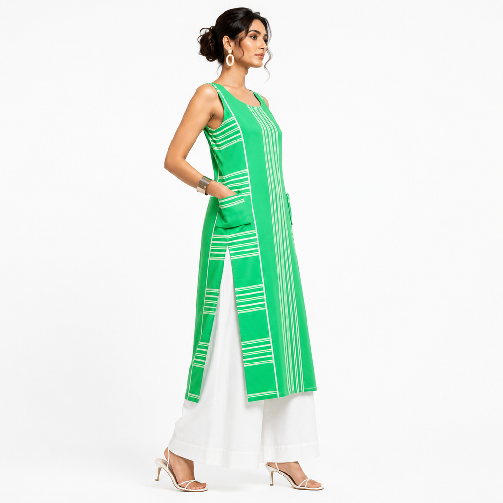 Sleeveless kurta with waist-level box patch pockets