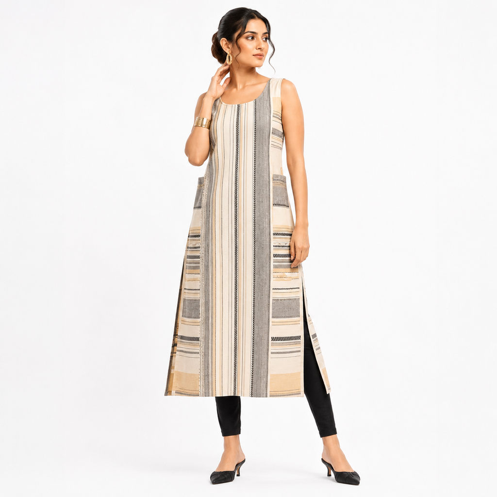 Sleeveless kurta with waist-level box patch pockets