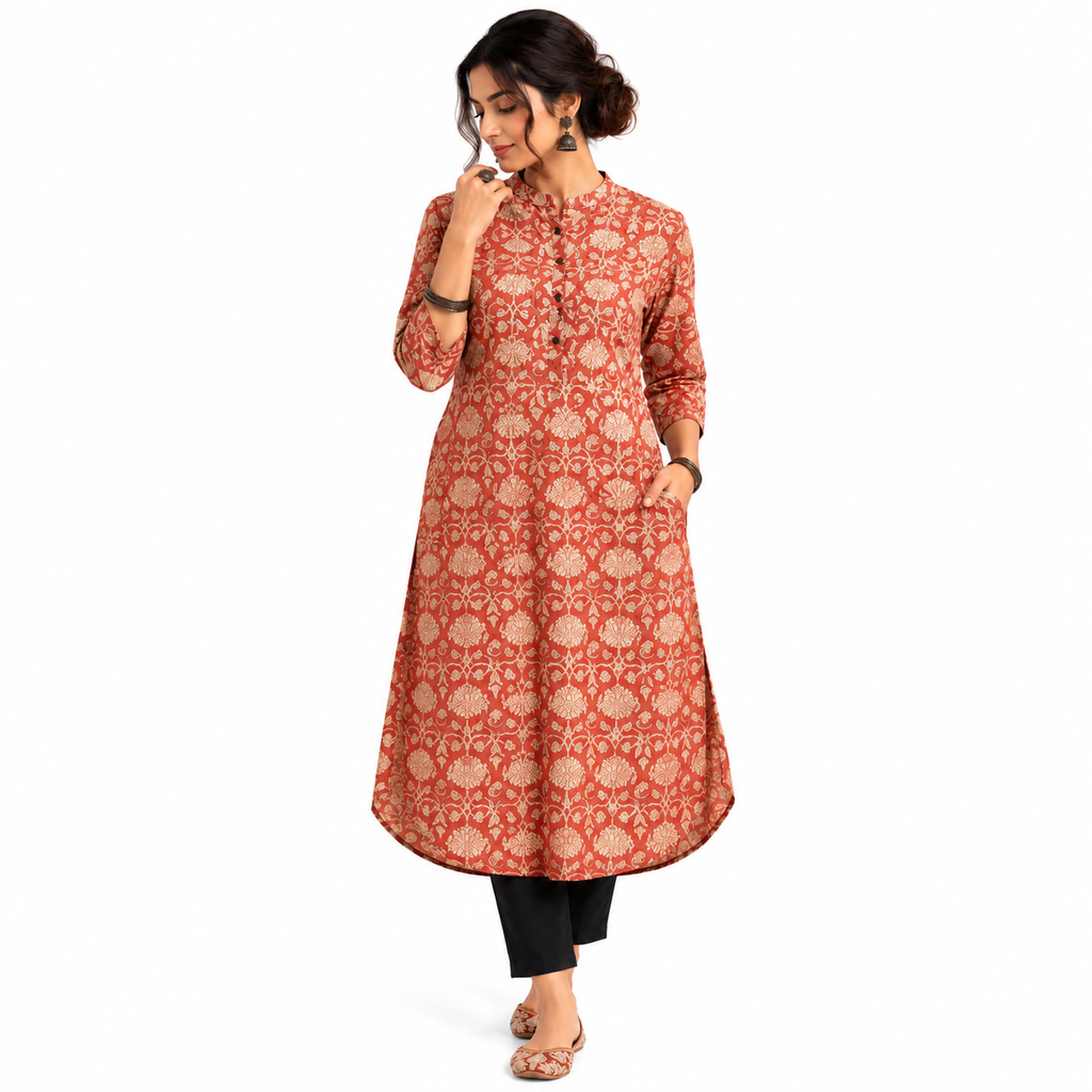 Smocked Back U-Hem Kurta - Terracotta