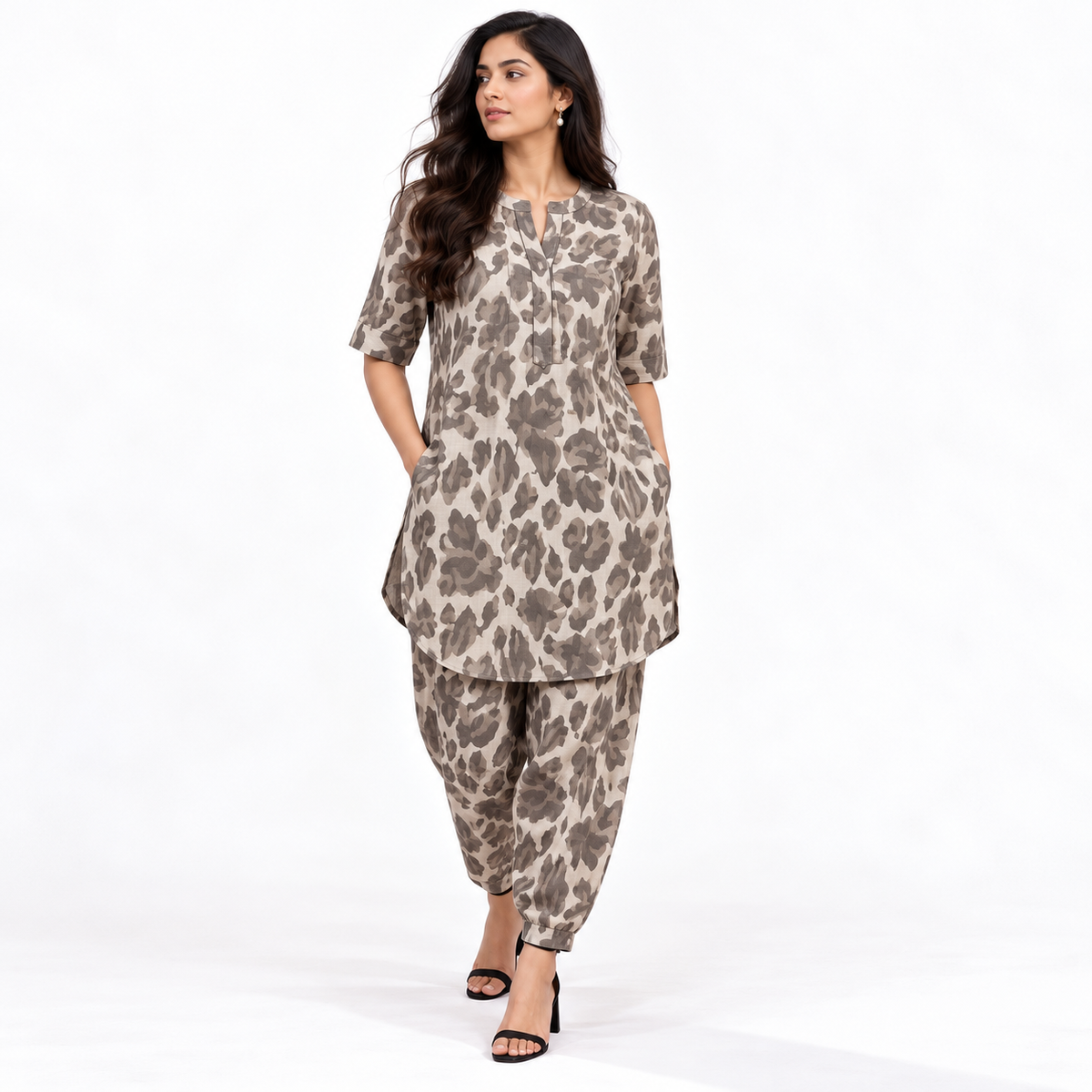 Co-ords - Chinese Collar Short Kurta with Gathered Hem, Loose Harem Pants