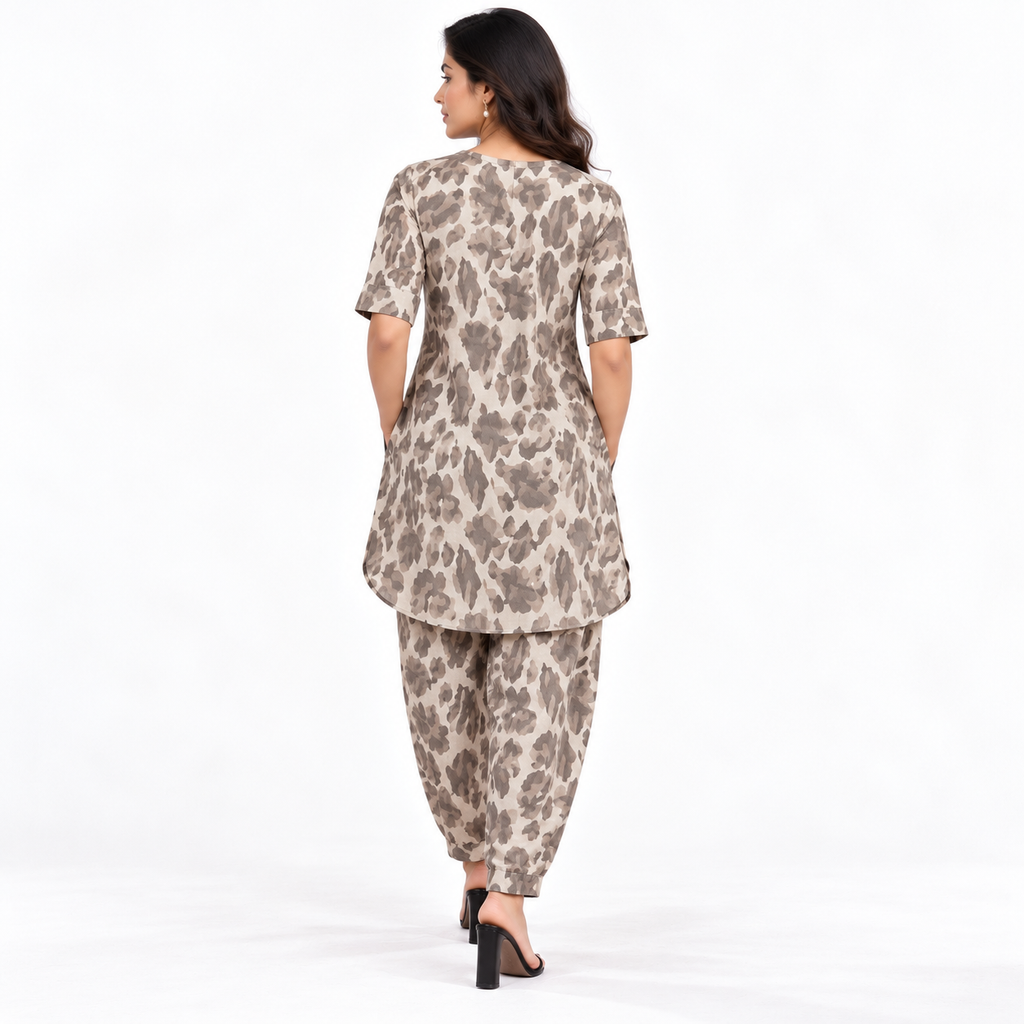 Co-ords - Chinese Collar Short Kurta with Gathered Hem, Loose Harem Pants