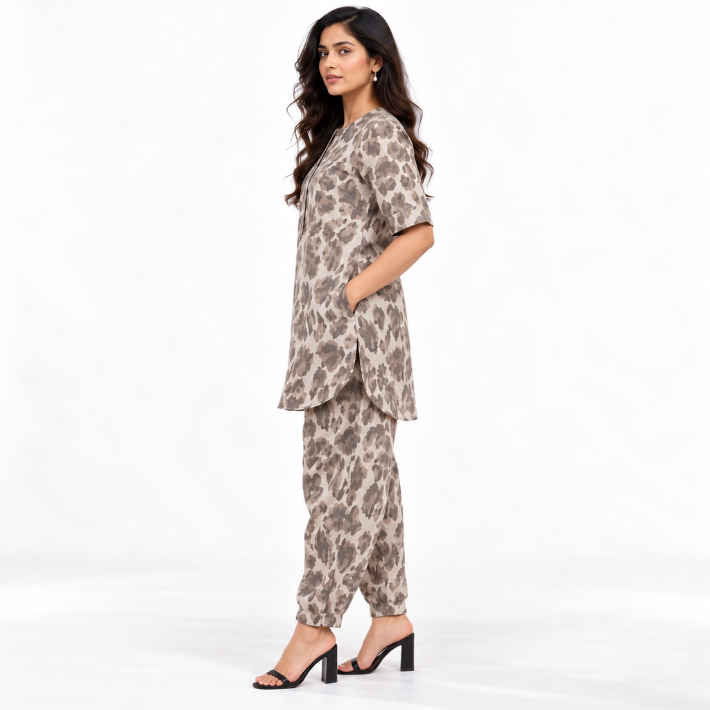 Co-ords - Chinese Collar Short Kurta with Gathered Hem, Loose Harem Pants