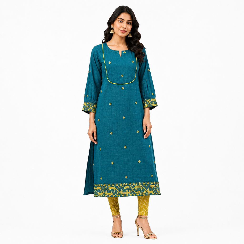 Teal Blue Cotton Jamdani Cotton Jacquard Dobby Border with U-Yoke Kurta