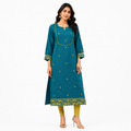 Teal Blue Cotton Jamdani Cotton Jacquard Dobby Border with U-Yoke Kurta