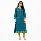 Teal Blue Cotton Jamdani Cotton Jacquard Dobby Border with U-Yoke Kurta