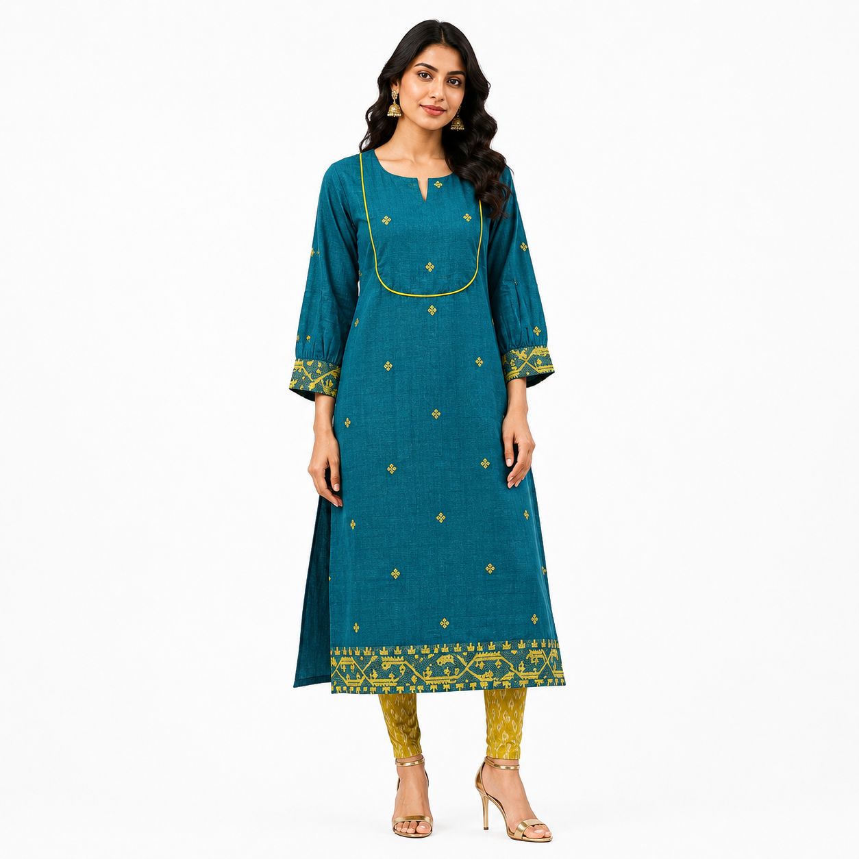 Teal Blue Cotton Jamdani Cotton Jacquard Dobby Border with U-Yoke Kurta