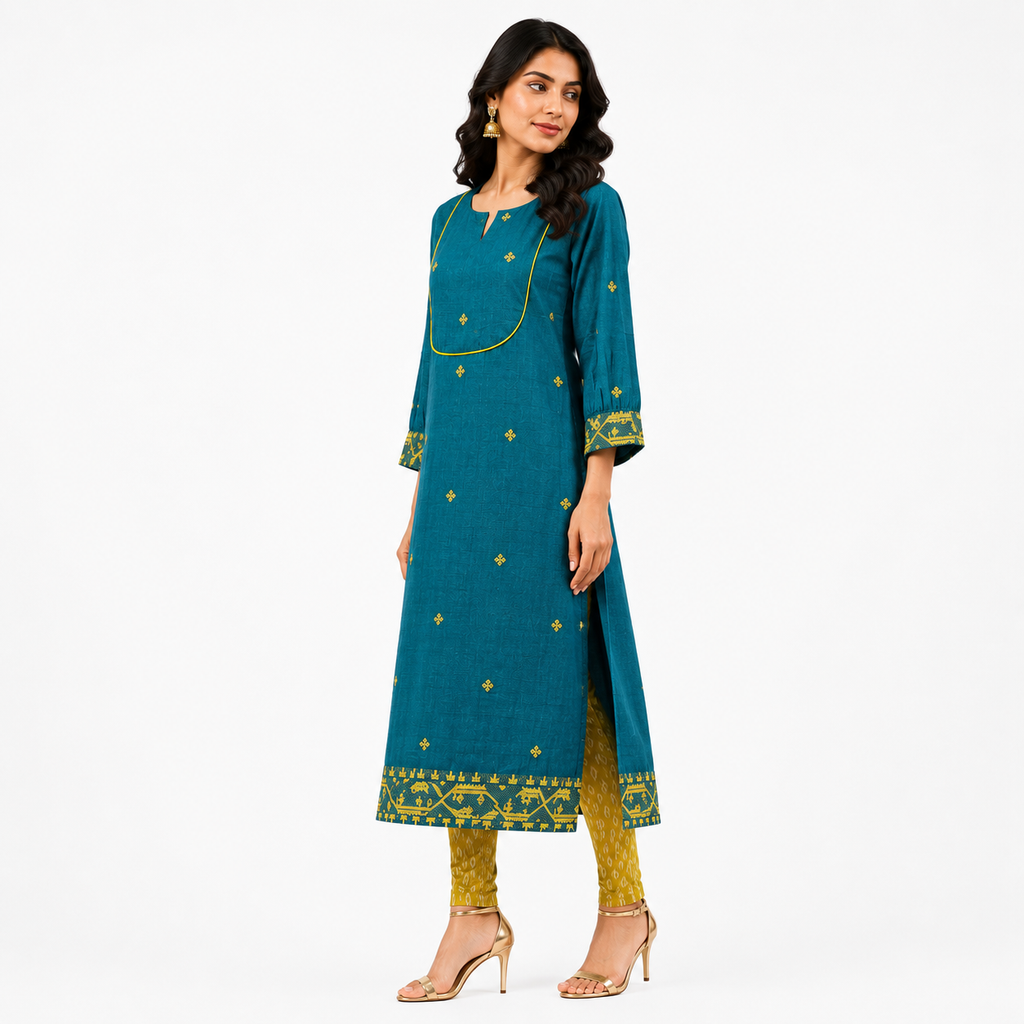 Teal Blue Cotton Jamdani Cotton Jacquard Dobby Border with U-Yoke Kurta