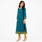 Teal Blue Cotton Jamdani Cotton Jacquard Dobby Border with U-Yoke Kurta